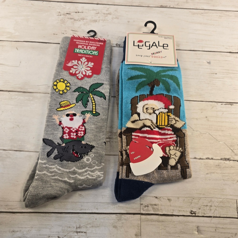 2 Pair Mens Christmas Novelty Socks Santa Shark Beach Beer Holiday Traditions